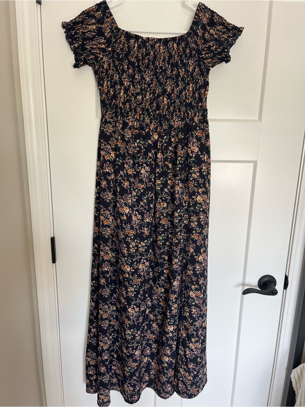 Navy Ditsy Floral Smocked Off Shoulder Maxi Dress Boho Whimsigoth (L)